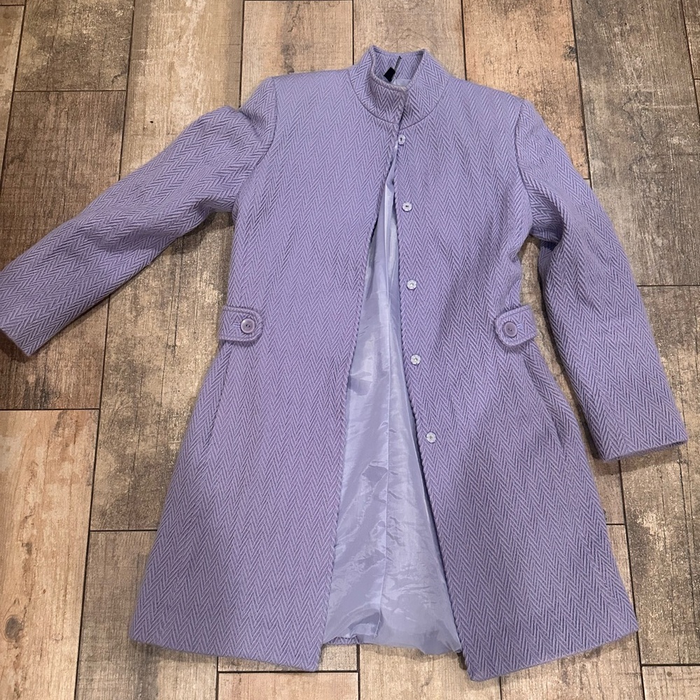 Chic Periwinkle Purple Herringbone Pea Coat Lined Button Down Fitted Flare